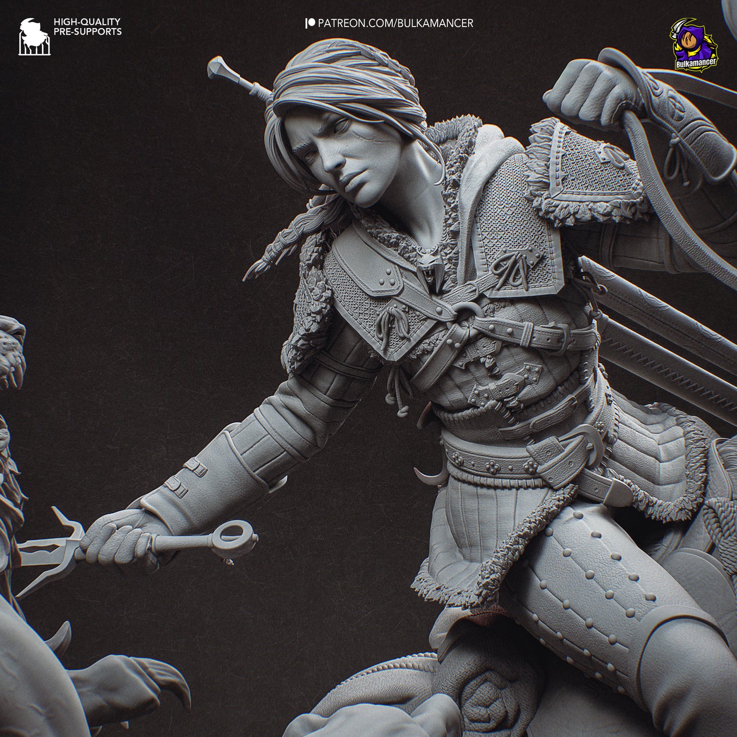 White-haired monster huntress resin fan art statue diorama battle scene | D&K Custom Prints
