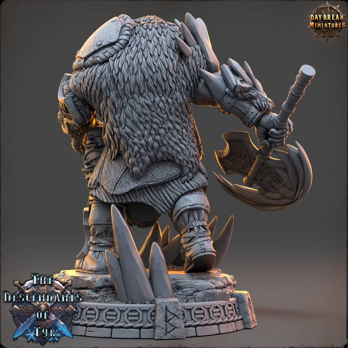 Rear view of Icebjörn Horgast highlighting his layered furs, equipment, and scenic base.
