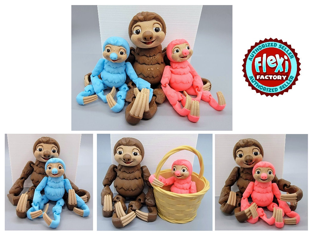 Flexi Sloth and Baby Sloth Toy and Tree and Basket Fidget Sensory Articulated Play Set