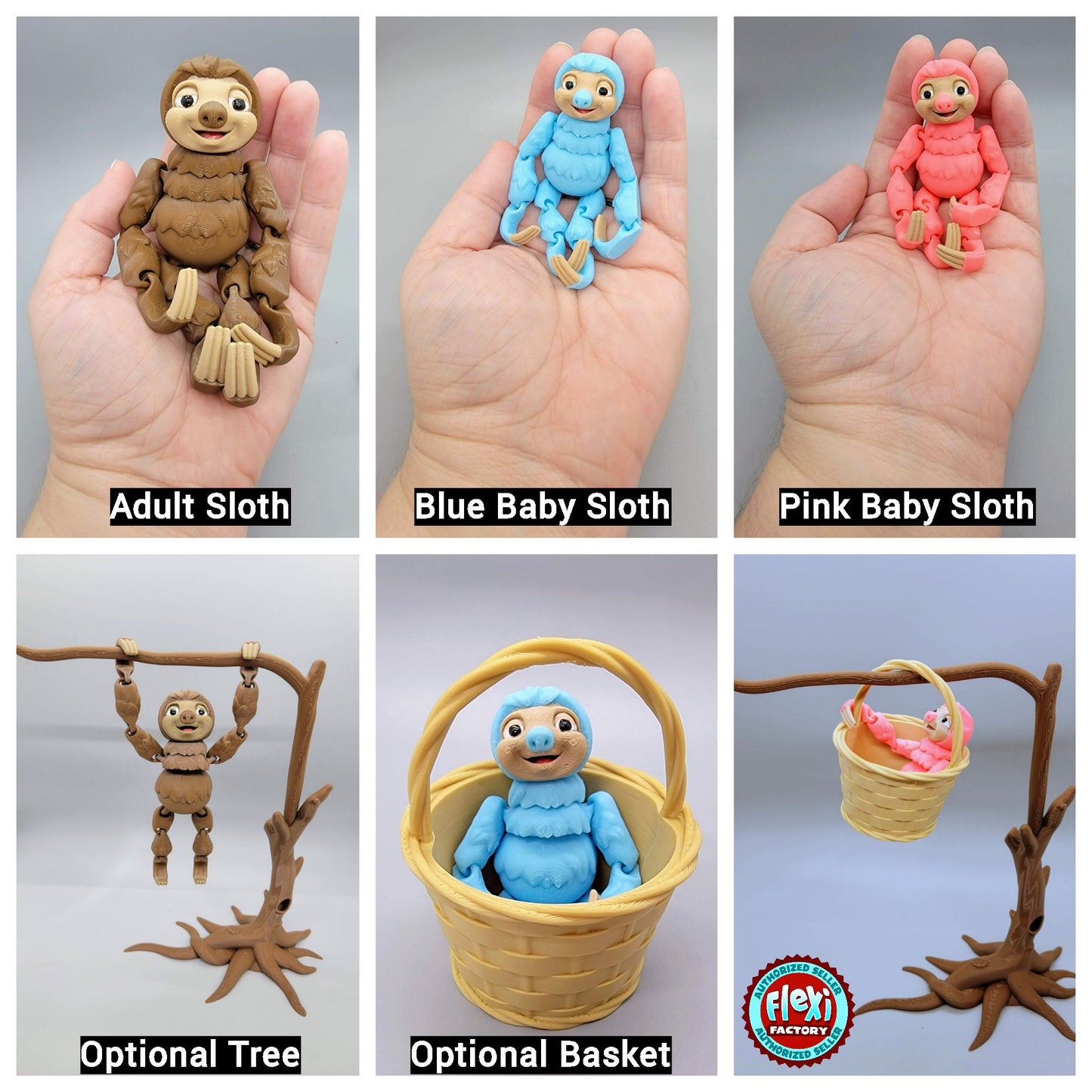 Flexi Sloth and Baby Sloth Toy and Tree and Basket Fidget Sensory Articulated Play Set