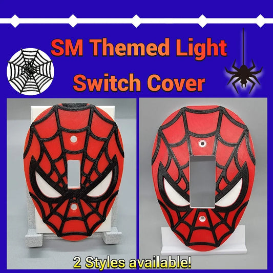 Spider-themed light switch covers in 2 styles – red and black 3D printed faceplate designs with web and eye details for superhero kids room decor.