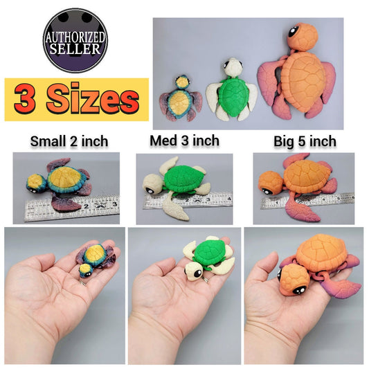 3D printed baby sea turtle toys shown in three sizes – small 2 inch, medium 3 inch, and big 5 inch – with hand and ruler scale reference.