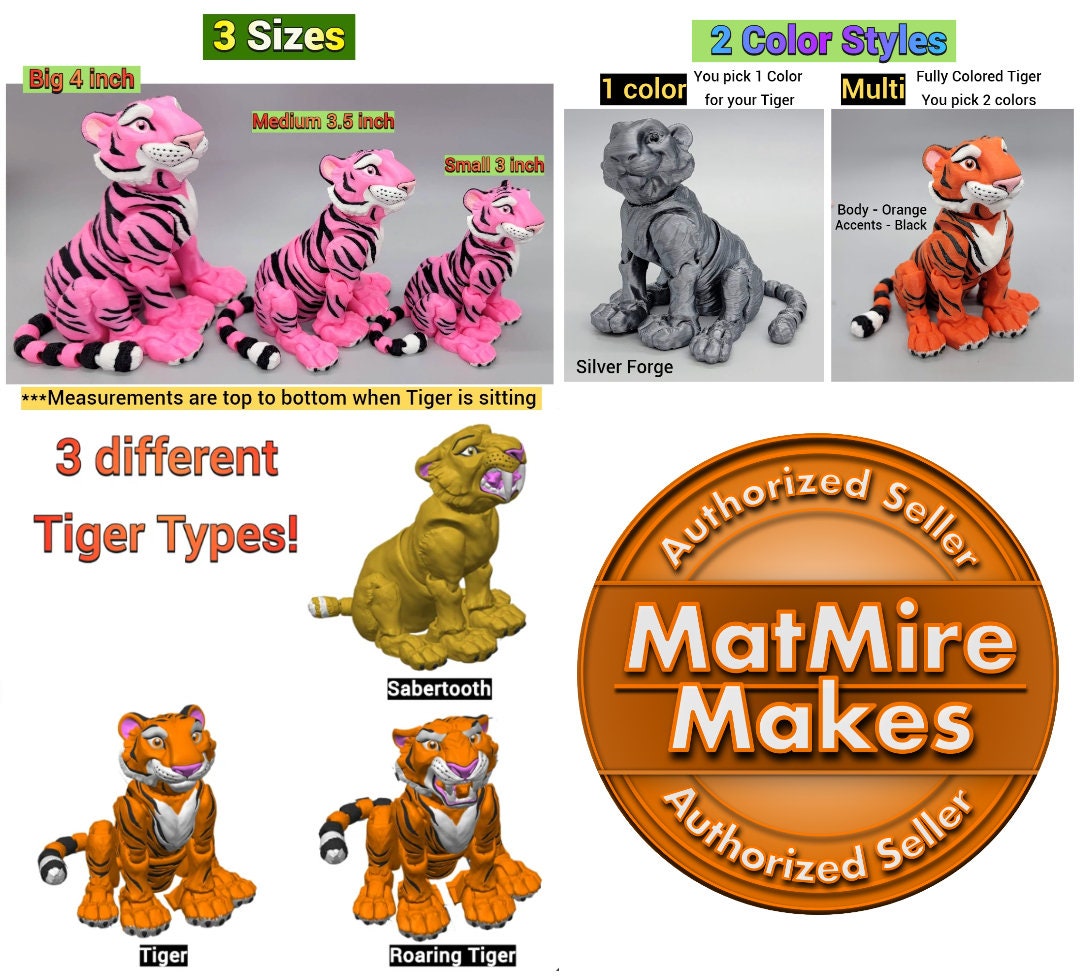 Custom Colors Tiger Toy, Figure, Fidget, 3D printed, (made to order), poseable, sensory, flexi