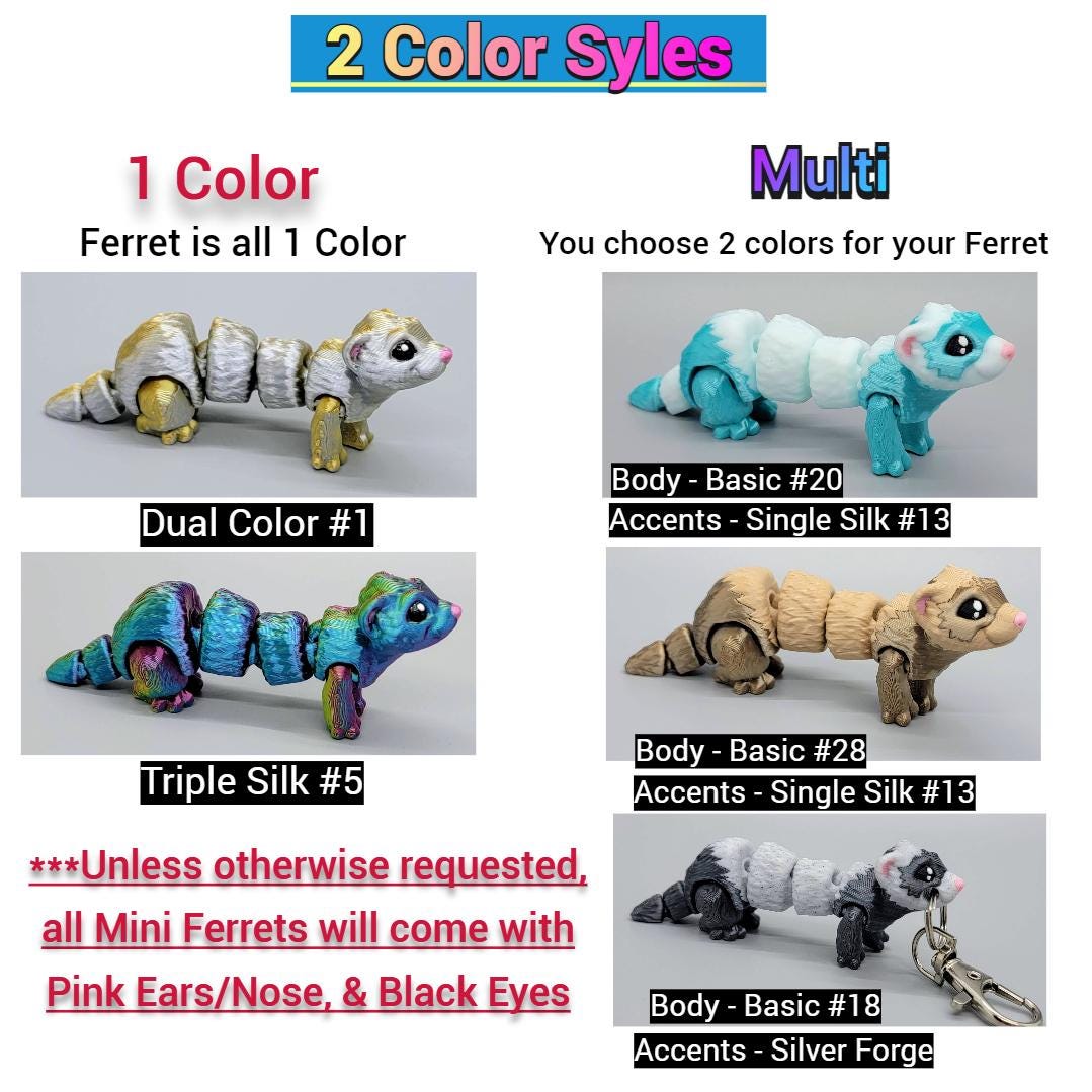 Mini Ferret Toy or Keychain – 3D Printed Fidget for Sensory Play, Customizable Colors