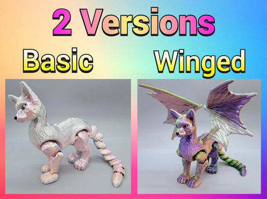 3D printed articulated Cat Dragon toy – basic version and winged version in pastel and rainbow colors, fantasy creature figurines.
