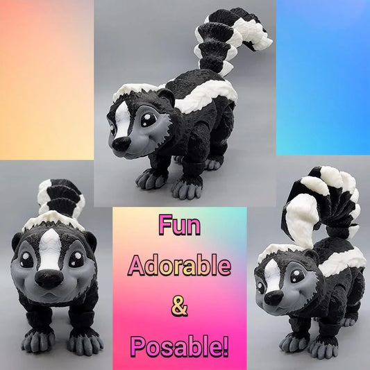Articulated black and white skunk toy in multiple playful poses – 3D printed figure labeled “Fun, Adorable & Posable!” on colorful background.