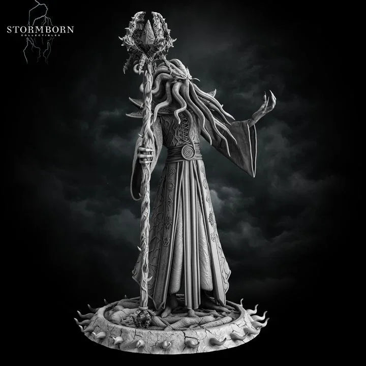 Statue of a figure with long hair and a staff on a dark background, featuring the brand 'Stormborn'.