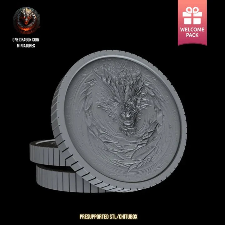 3D printed dragon coin with detailed sculpted dragon face and circular runes, ideal for fantasy RPGs and tabletop game rewards.