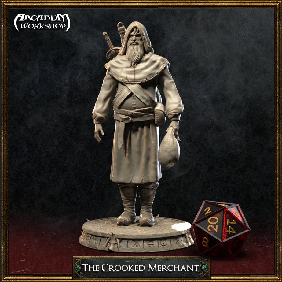 3D printed miniature of The Crooked Merchant from Arcanum Workshop, featuring a hooded NPC with coin sack and dual swords on a runed base, for TTRPGs.
