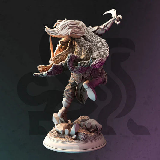 A resin miniature figurine of a drow ranger character, posed mid-action with a sword and bow, on a round base.