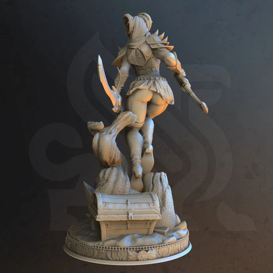 Detailed Tiefling rogue TTRPG model with twin blades