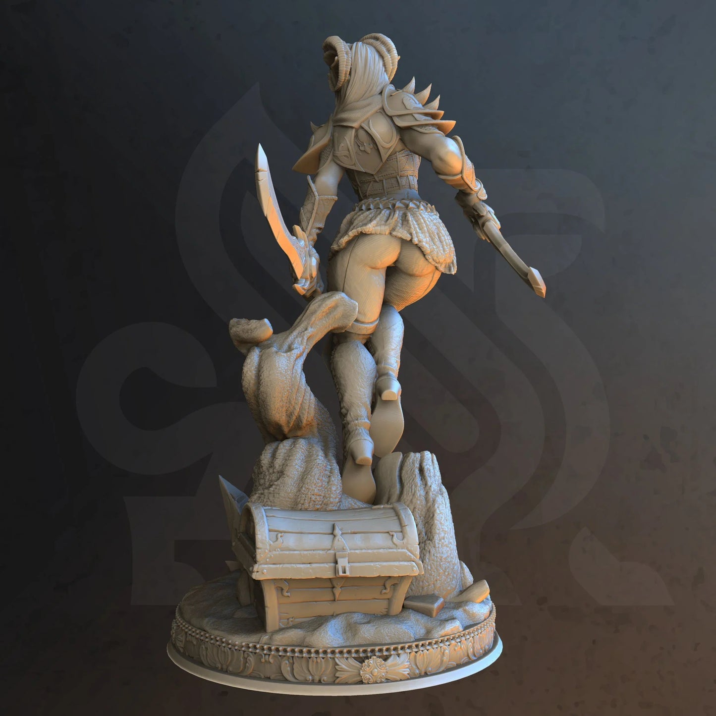 Detailed Tiefling rogue TTRPG model with twin blades
