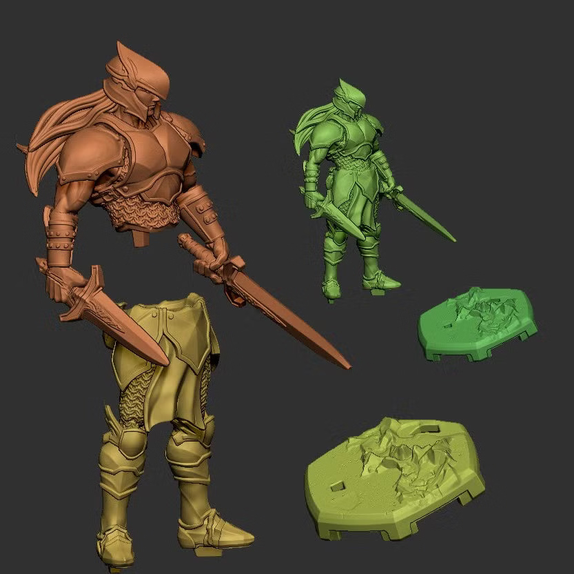 Jarred Human Fighter miniature components showing the armored upper body, lower body, assembled figure, and scenic hexagonal bases.
