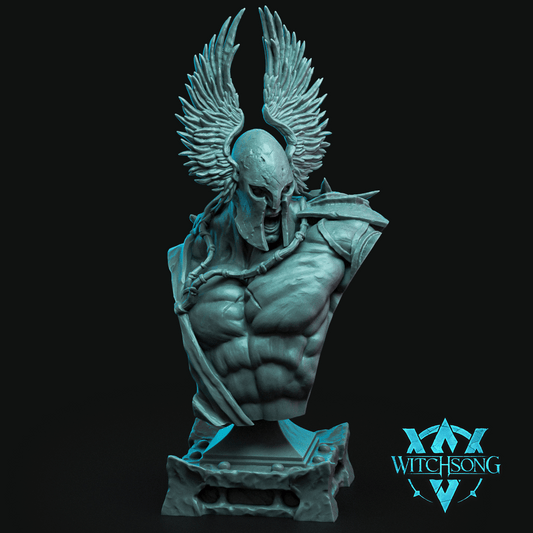 Judge, Maker of Fates celestial display bust with wing-crested helmet, muscular torso, shoulder armor, chains, and draped cloth.