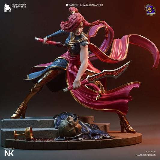 Full view of Katarina display figure on base with fallen enemy and flowing ribbons