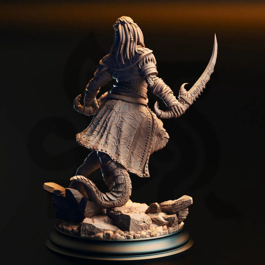 Rear render view of the Kijaa Shadowblade Black Dragonkin Rogue miniature showcasing patterned skirt, thick dragon tail, and back of the dreadlocks.