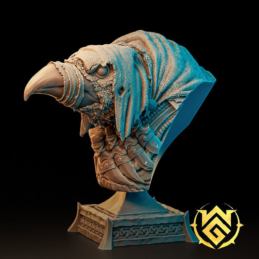 Kreak the Flightless Kenku Rogue 100mm display bust with avian face, hooded clothing, and feathered details.
