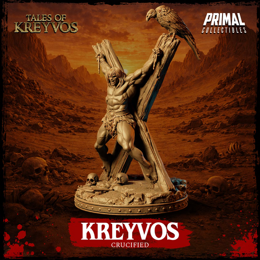 Three-quarter view of Kreyvos bound to the wooden cross with the perched vulture and skull-strewn rocky base visible.