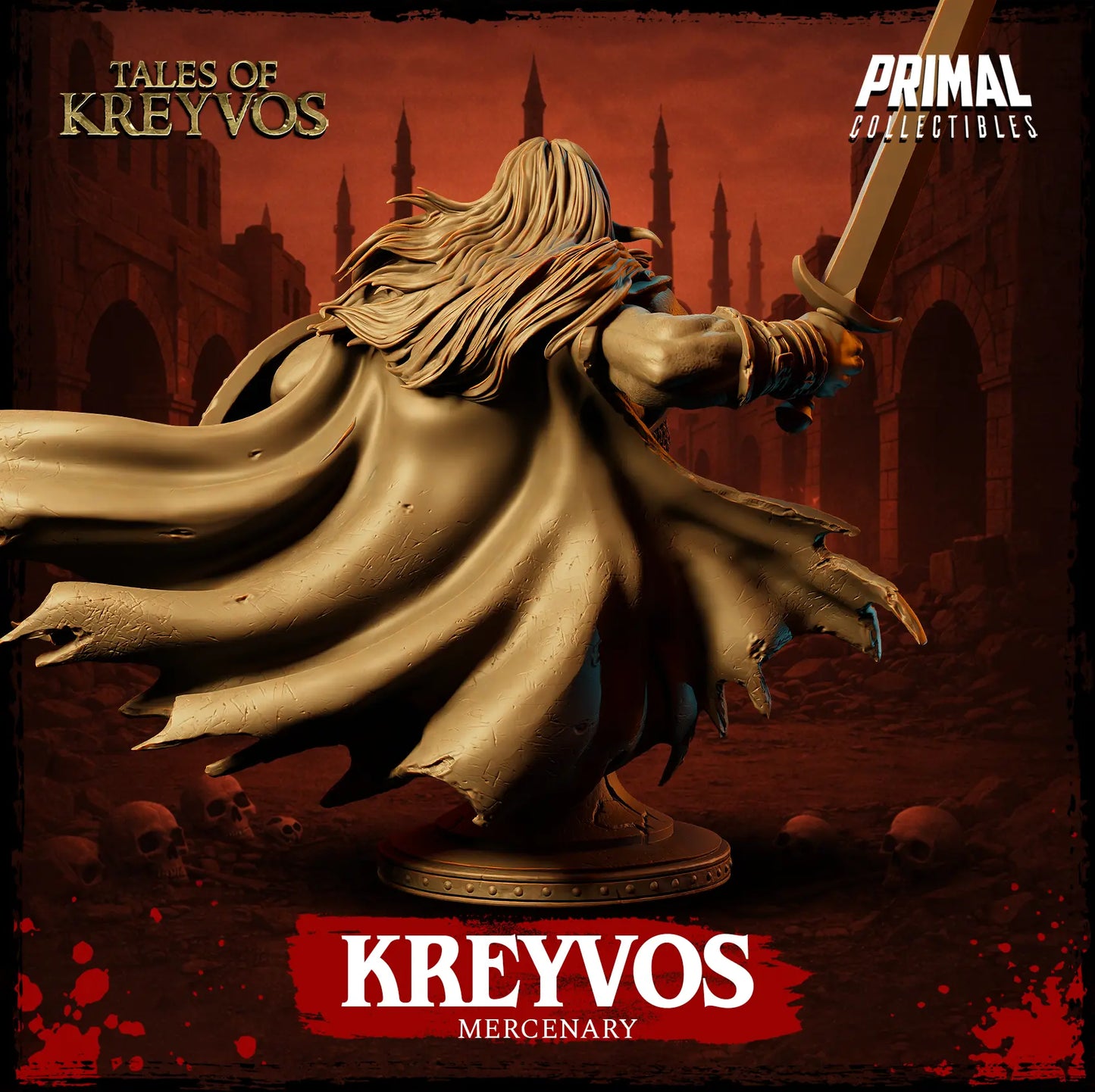 Rear view render of the Kreyvos barbarian bust showing the flowing tattered cape and long hair from behind.