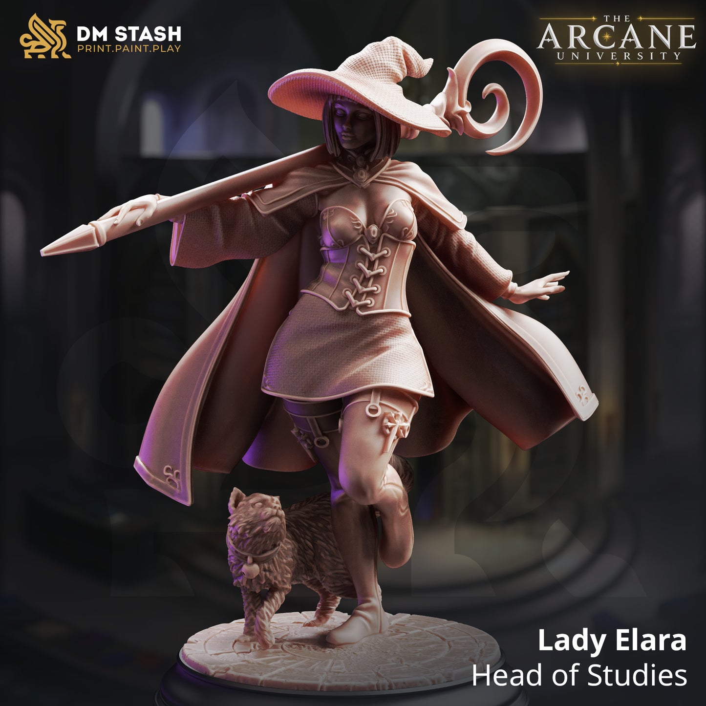 A 3D-rendered fantasy female human wizard resin miniature named Lady Elara by DM Stash. She balances a magical staff on her shoulders next to a familiar cat.