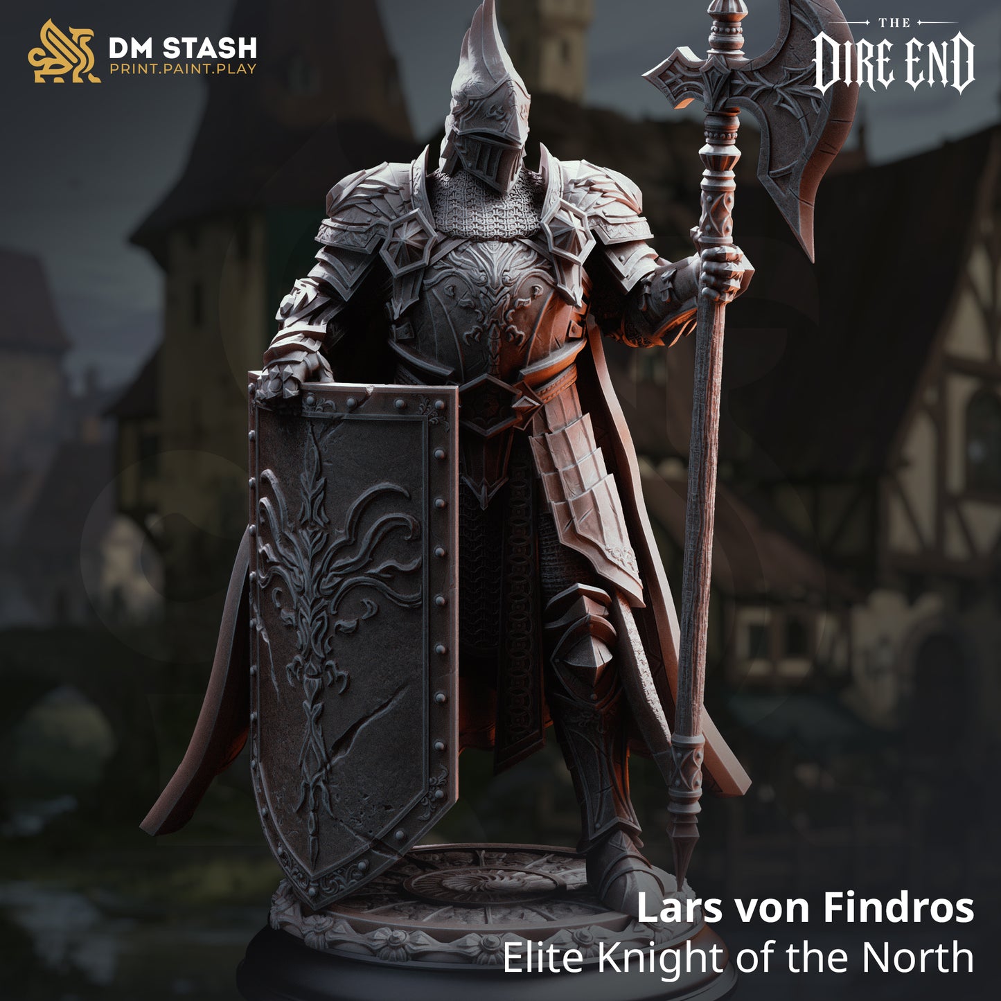 A 3D-rendered dark fantasy resin miniature titled "Lars von Findros - Elite Knight of the North" by DM Stash. The heavily armored male knight stands behind a large tower shield with his left hand resting on a massive halberd battleaxe over a decorative circular floor base.