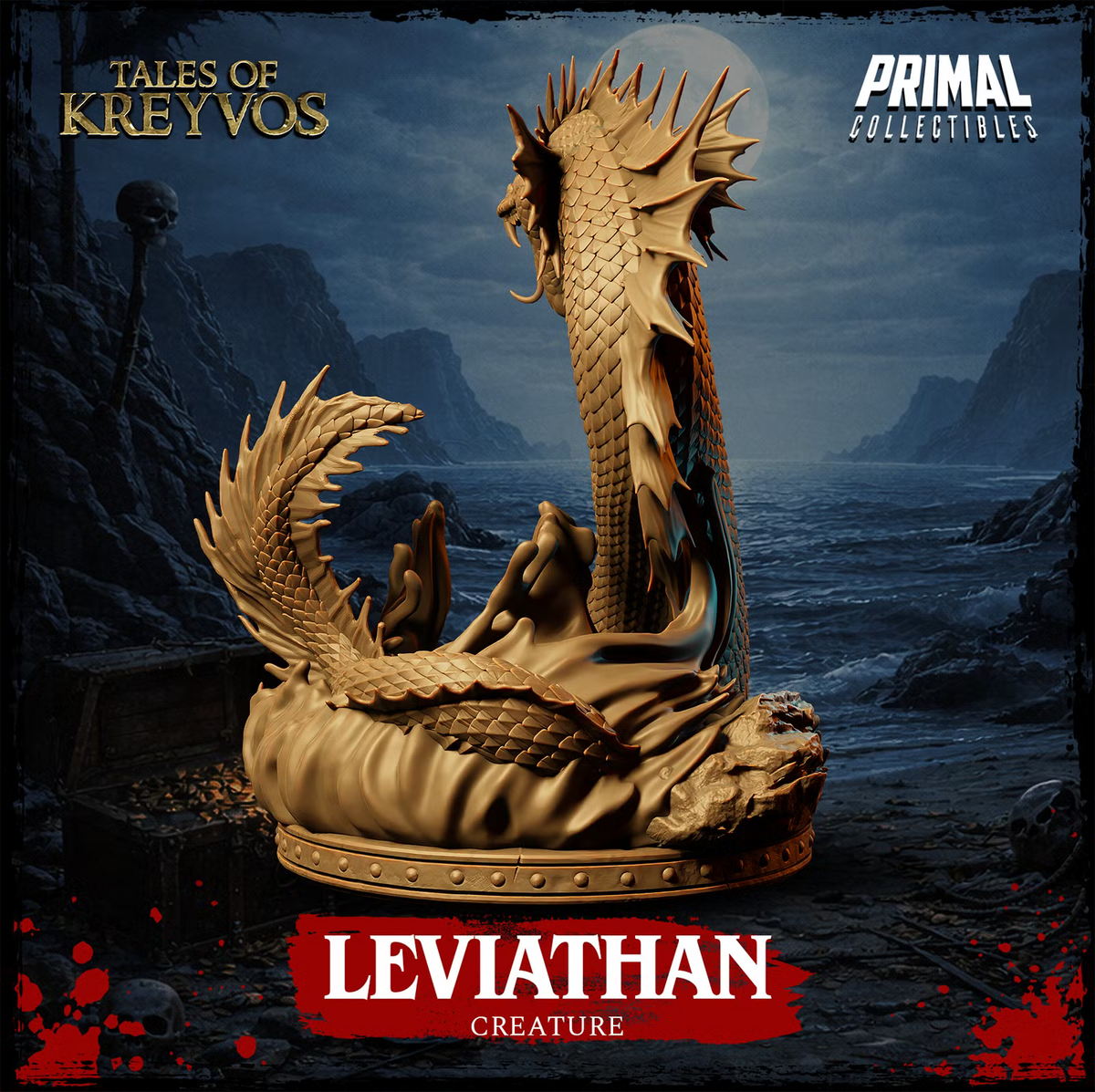 Rear view of Leviathan showing the scaled neck, sweeping fins, curled tail, dorsal spines, and scenic water base.