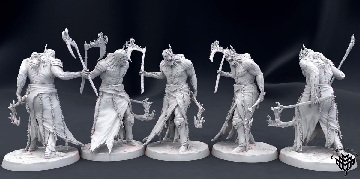 Lich Berserker Large Undead miniature shown from multiple angles with dual axes, skeletal facial features, flowing hair, chains, and tattered clothing.