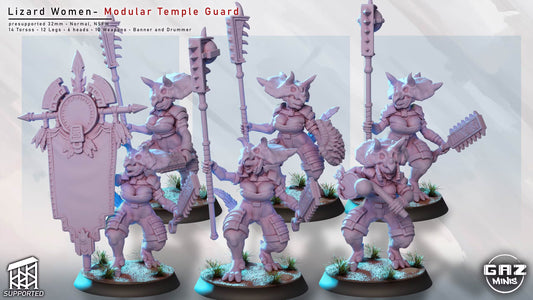 izard Women Temple Guard fighters shown together with polearms, shields, ceremonial weapons, and banner equipment.