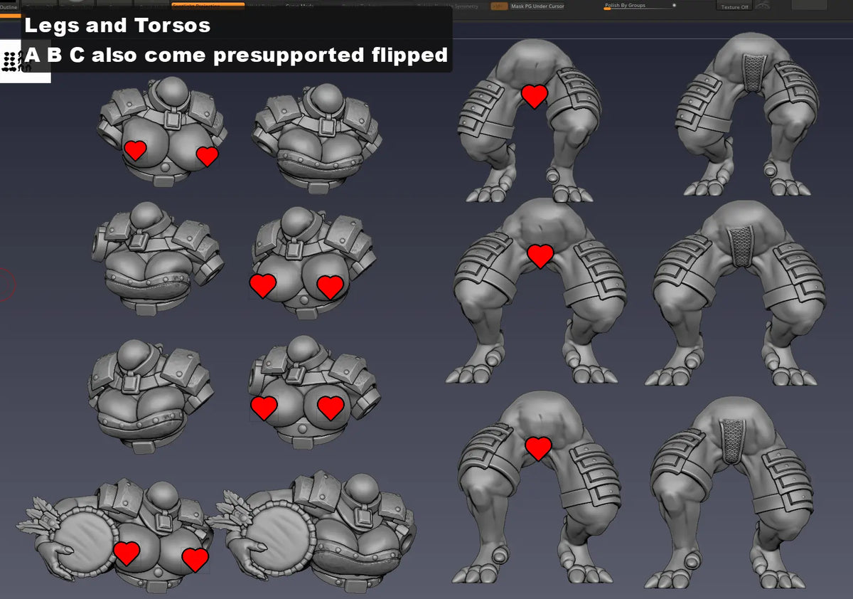 Modular torso and leg components for the Lizard Women Temple Guards with armored and alternate body styles.