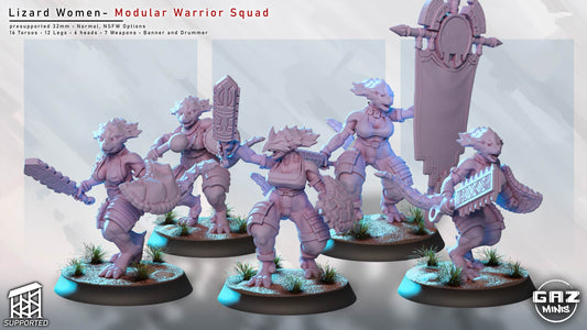 Group lineup of five Lizardfolk warrior miniatures with shields, hand weapons, battle banner, and drum in multiple combat poses.