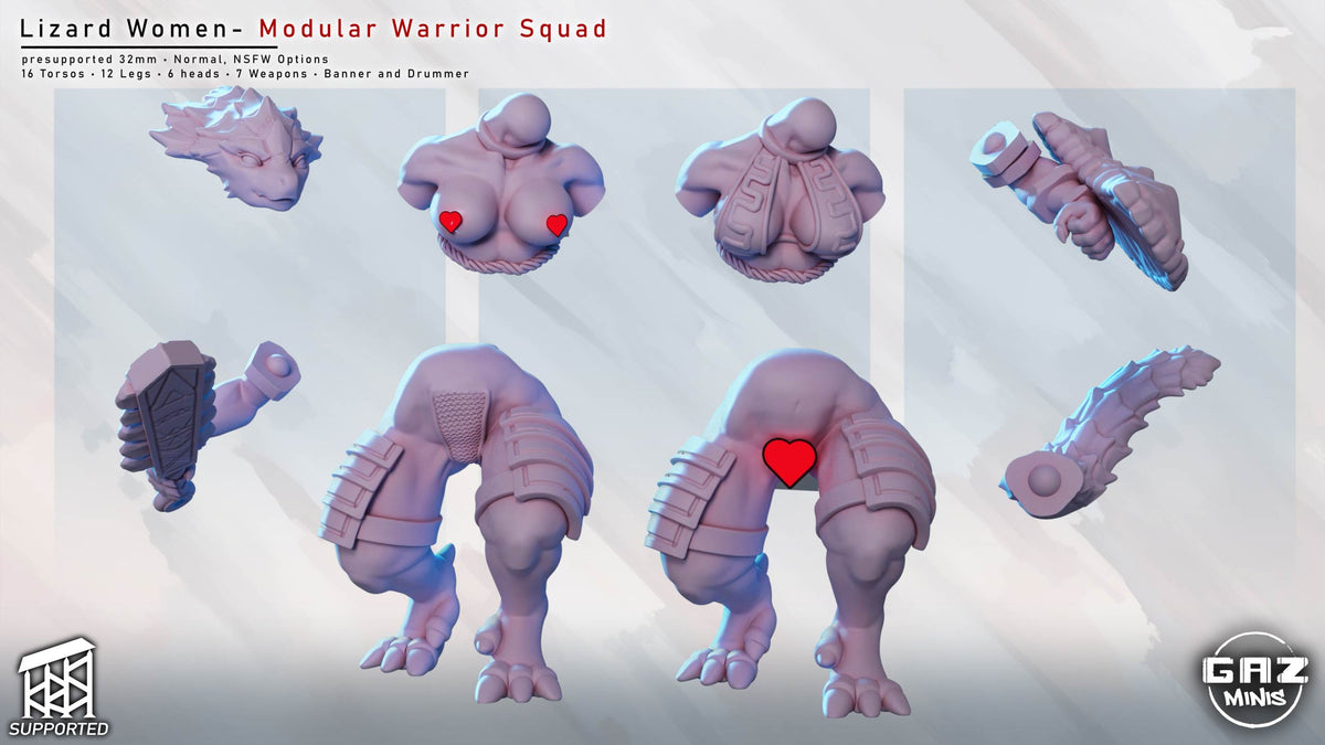 Modular Lizardfolk miniature components showing a reptilian head, standard and adult torso and leg options, weapon arms, shield, and tail.