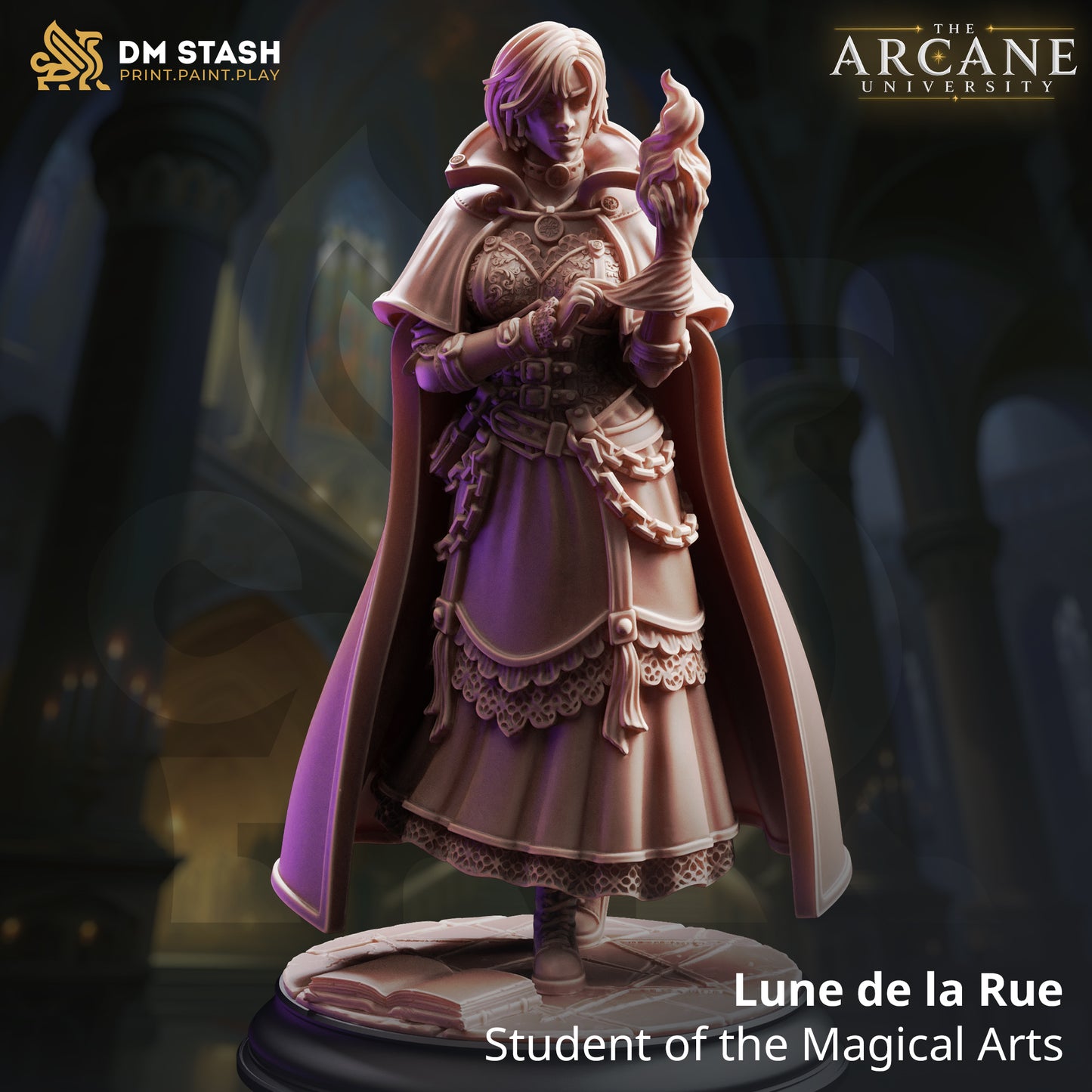 A 3D-rendered fantasy female human wizard resin miniature named Lune de la Rue by DM Stash. The mage conjures magic from her hand over an open book base.