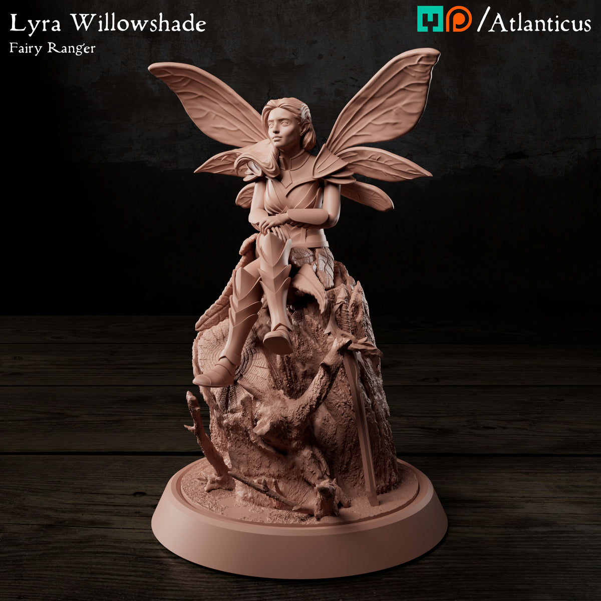 Low-angle front render of Lyra Willowshade fairy ranger resting on an elevated forest stump.