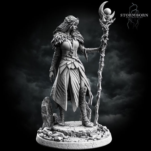Side view of Maelin the elf druid with long hair, layered clothing, and an ornate crescent-topped wooden staff.