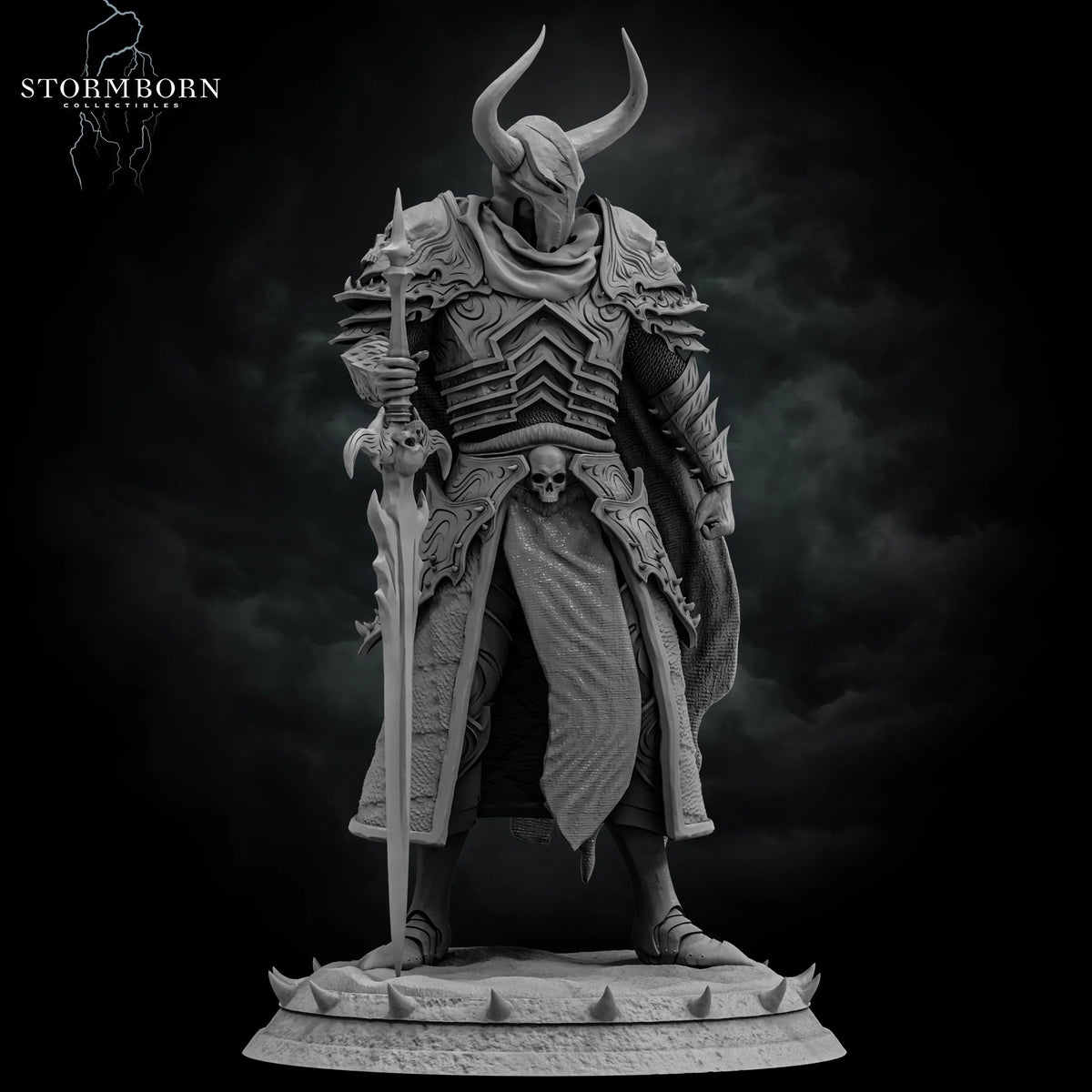 Direct front view of Marius Death Knight in full heavy plate armor with greatsword by Stormborn Collectibles.