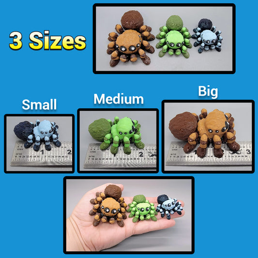 Comparison of small, medium, and big spider figurines with a ruler for scale on a blue background.