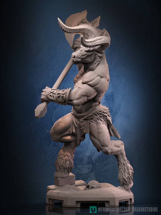 Side view of Minotaurus gripping a large two-handed axe with his sweeping horns and muscular build visible.