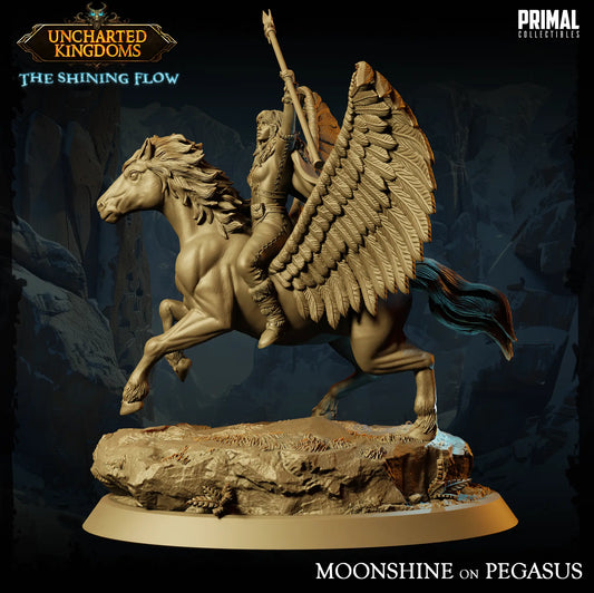 Side profile render view of Moonshine on Pegasus showing extended feather wings and galloping pose on a rocky oval base.