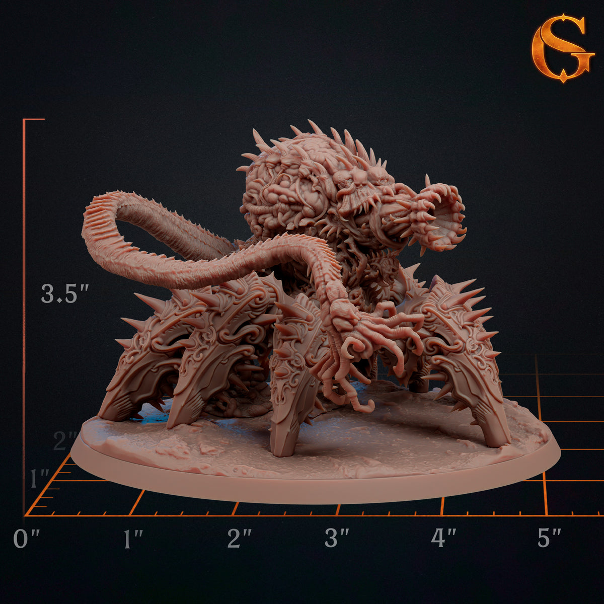 Morloch Gargantuan miniature displayed beside an inch measurement grid with six armored legs, tentacles, claws, and a 132x132mm base