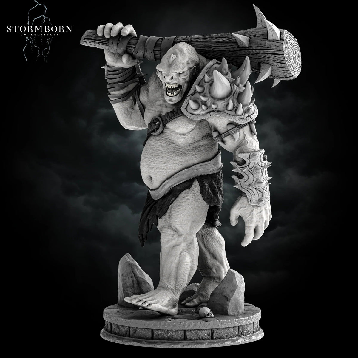 Side profile of the Mountain Troll advancing forward with a spiked club over its shoulder by Stormborn Collectibles.