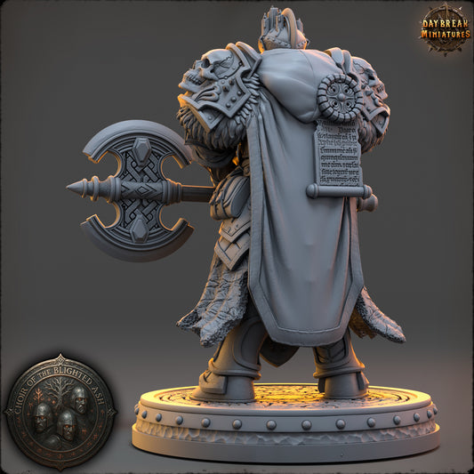 Rear view of Mourn Halveck Human Paladin miniature showing heavy armor, cloak, and axe details.