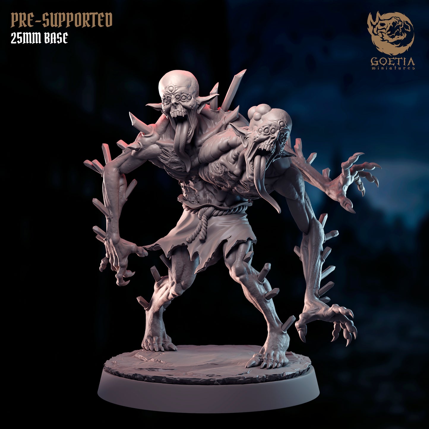 Two-headed mutant horror from Nausea aberration set, 25mm resin miniature for TTRPG dark fantasy and swarm enemies.