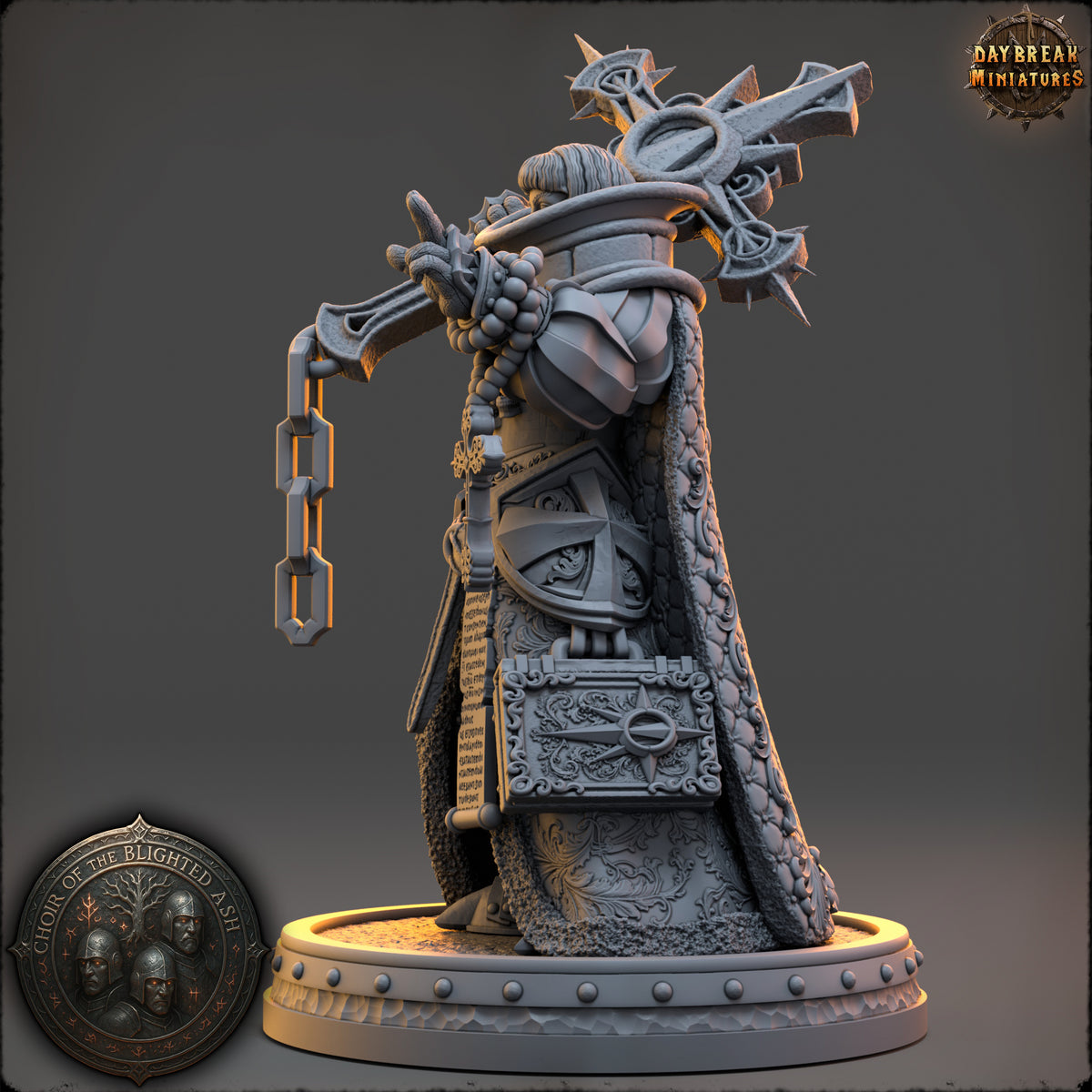 Side view of Neriah Ashbourne Human Cleric miniature showing layered armor, cloak, chains, and detailed equipment.