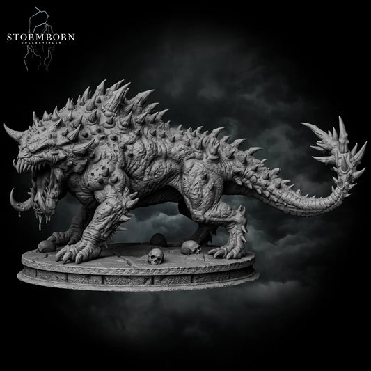 High three-quarter angle of the Gargantuan Nightmare Beast resin miniature displaying base texture and stone ruins layout by Stormborn Collectibles.