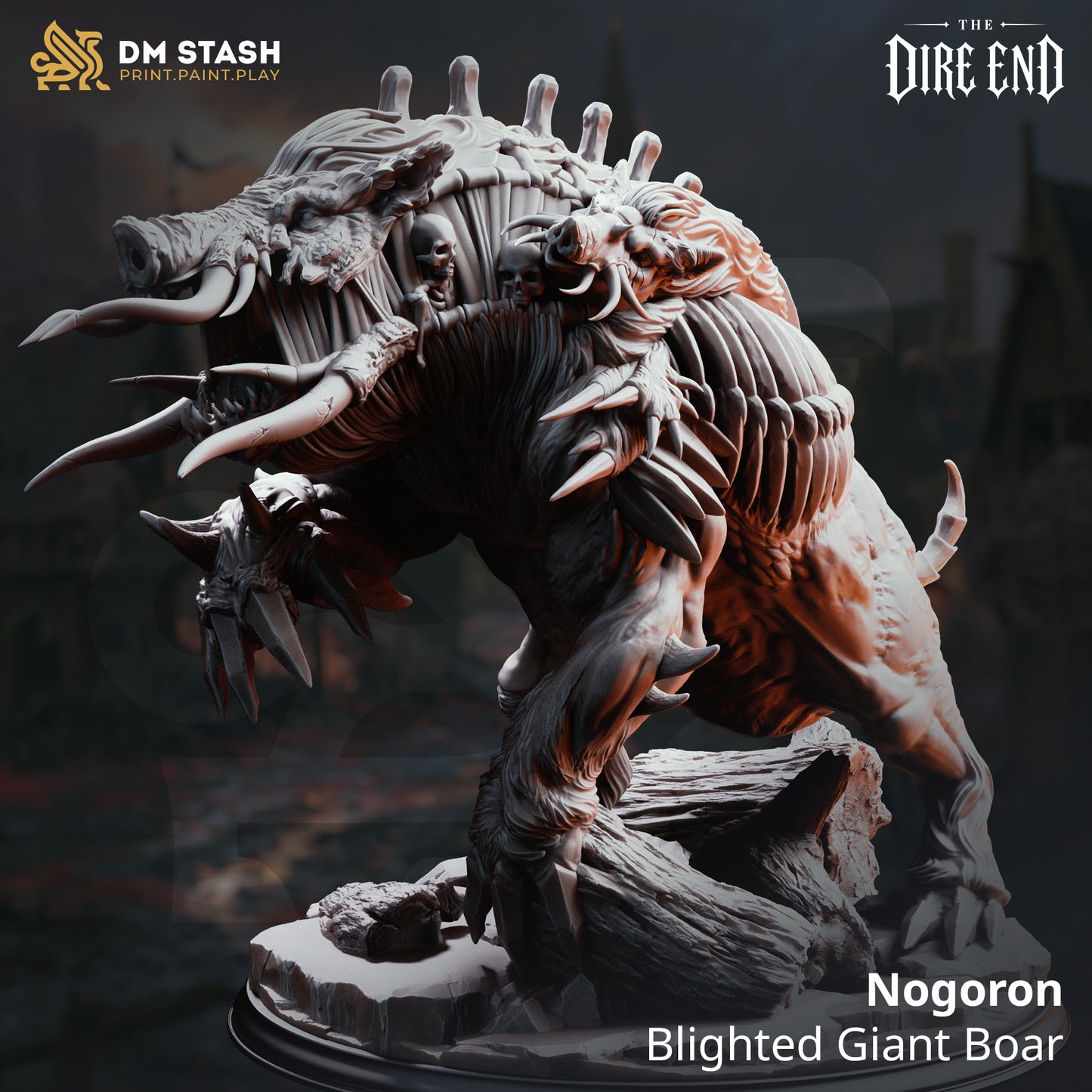 A 3D-rendered dark fantasy monster resin miniature titled "Nogoron - Blighted Giant Boar" by DM Stash. The massive, multi-headed mutated boar lunges forward over a fallen hollow log base, displaying oversized curved tusks and bone ridges along its spine.