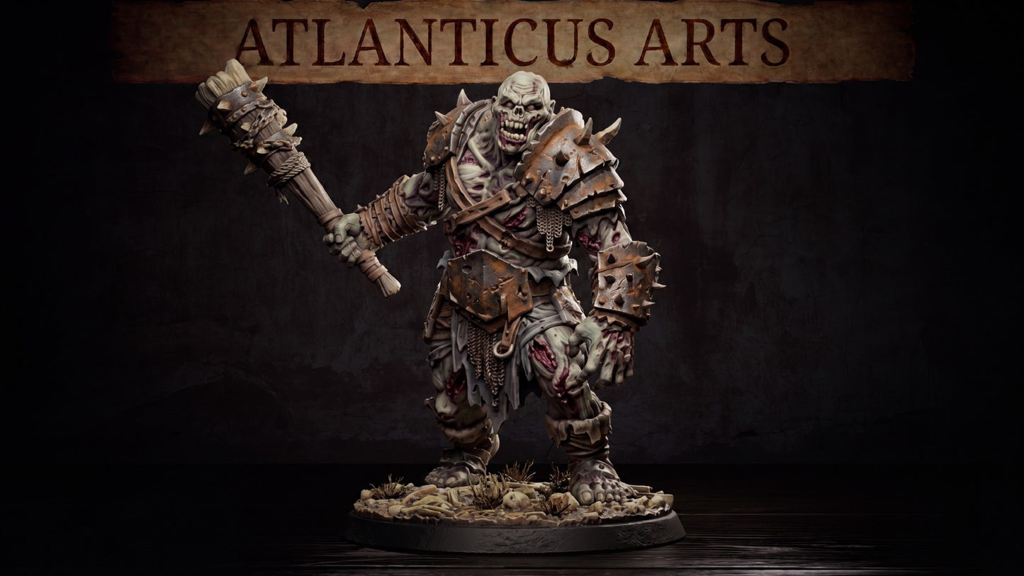 Wide render of the unpainted Ogre Zombie miniature standing on a dirt and skull-strewn base holding a giant spiked club.