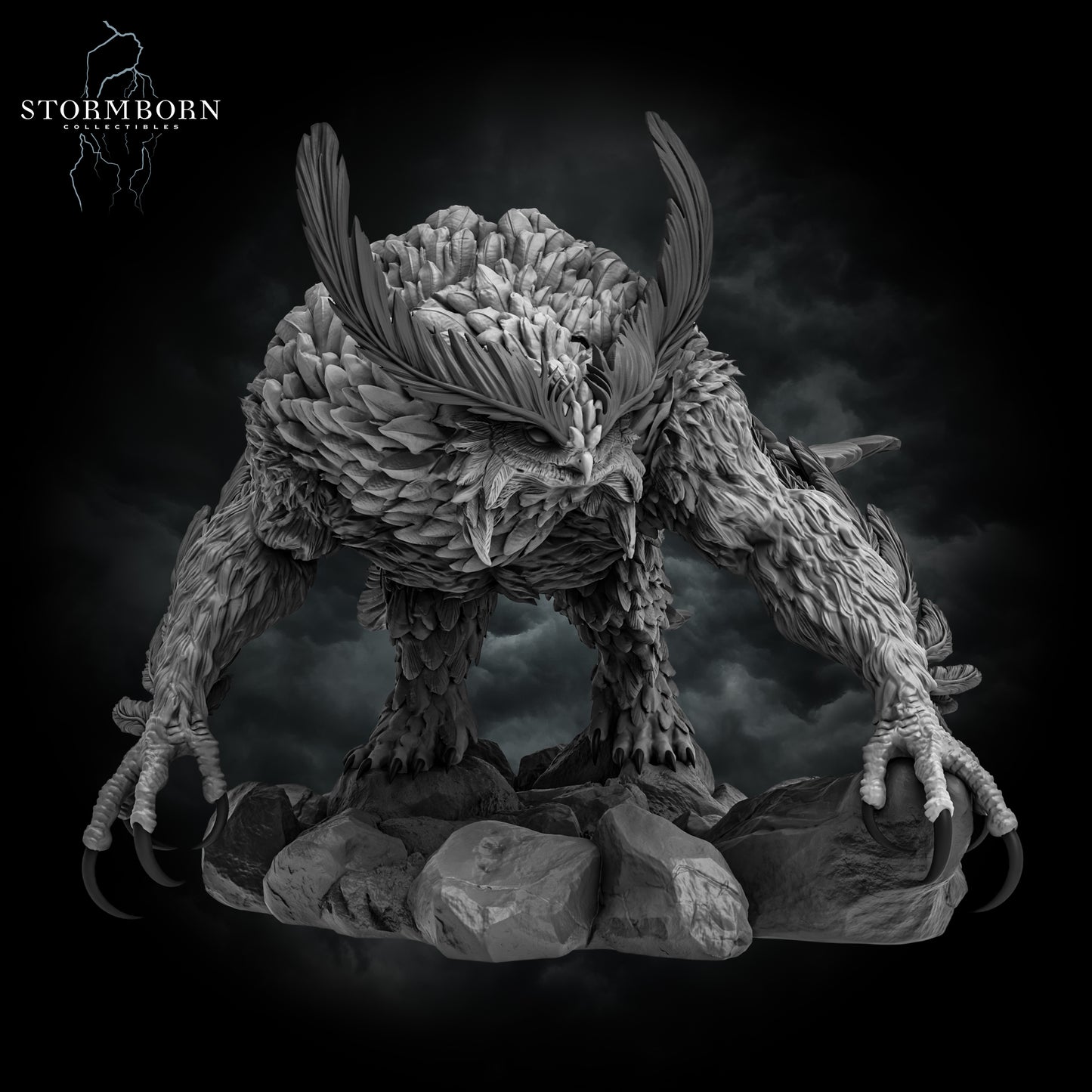 3D printed Titancrest Owlbear resin monstrosity with layered feathers and sharp talons posed on a rocky base