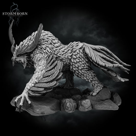 3D printed Titancrest Owlbear resin monstrosity with layered feathers and sharp talons posed on a rocky base