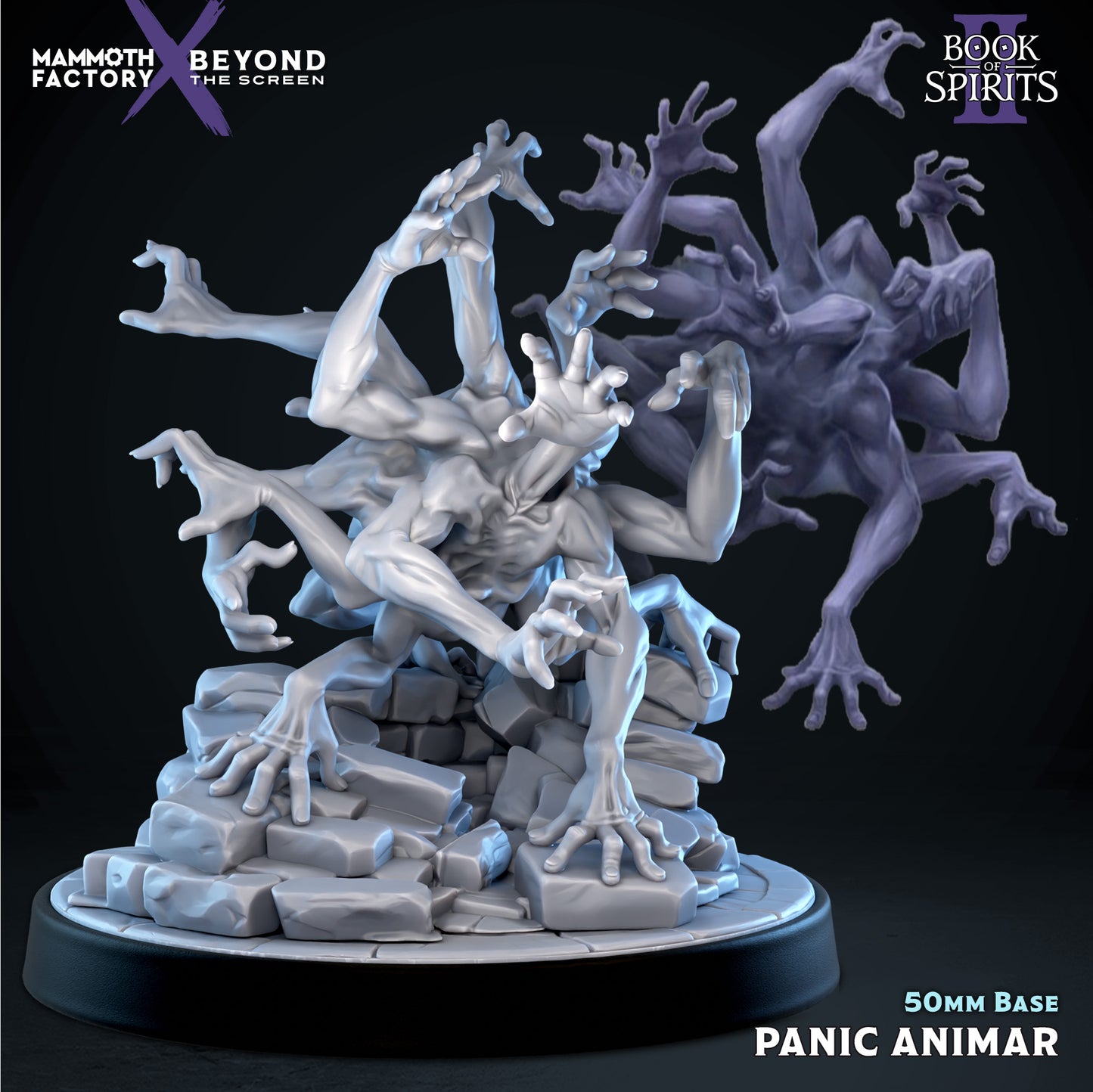 Panic Animar 32mm scale resin miniature by Mammoth Factory featuring a huge multi-armed horror creature scrambling over a shattered stone brick 50mm base.