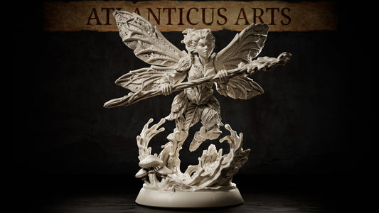 Full-body Pixie miniature with ornate insect-like wings, wooden staff, botanical clothing, and detailed mushroom-covered forest base.